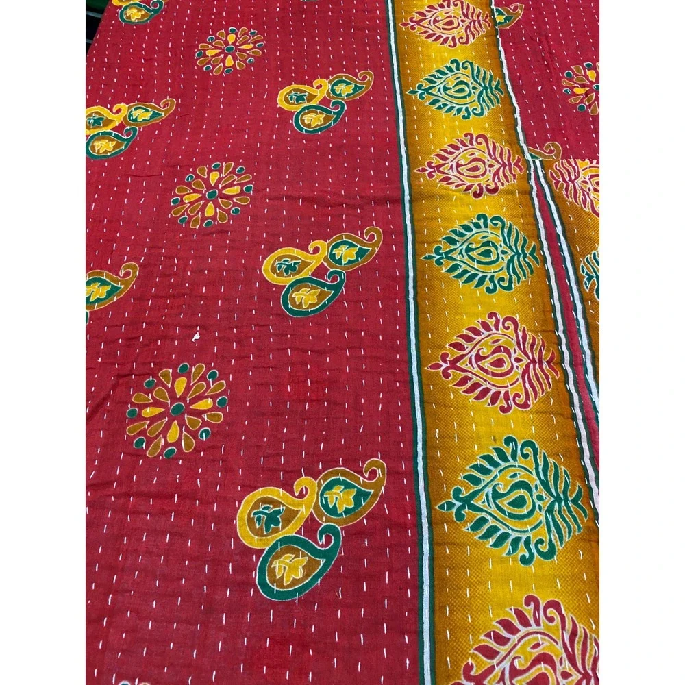 Handmade Indian Kantha Quilt Reversible Cotton Throw Blanket Red Yellow Paisley